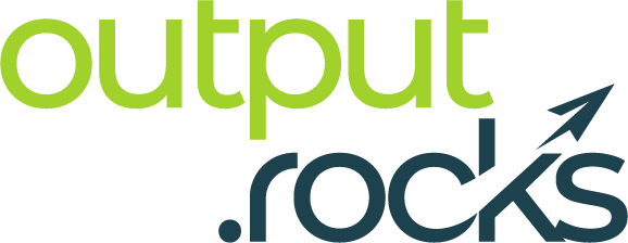 Logo with the name output rocks and a paper plane