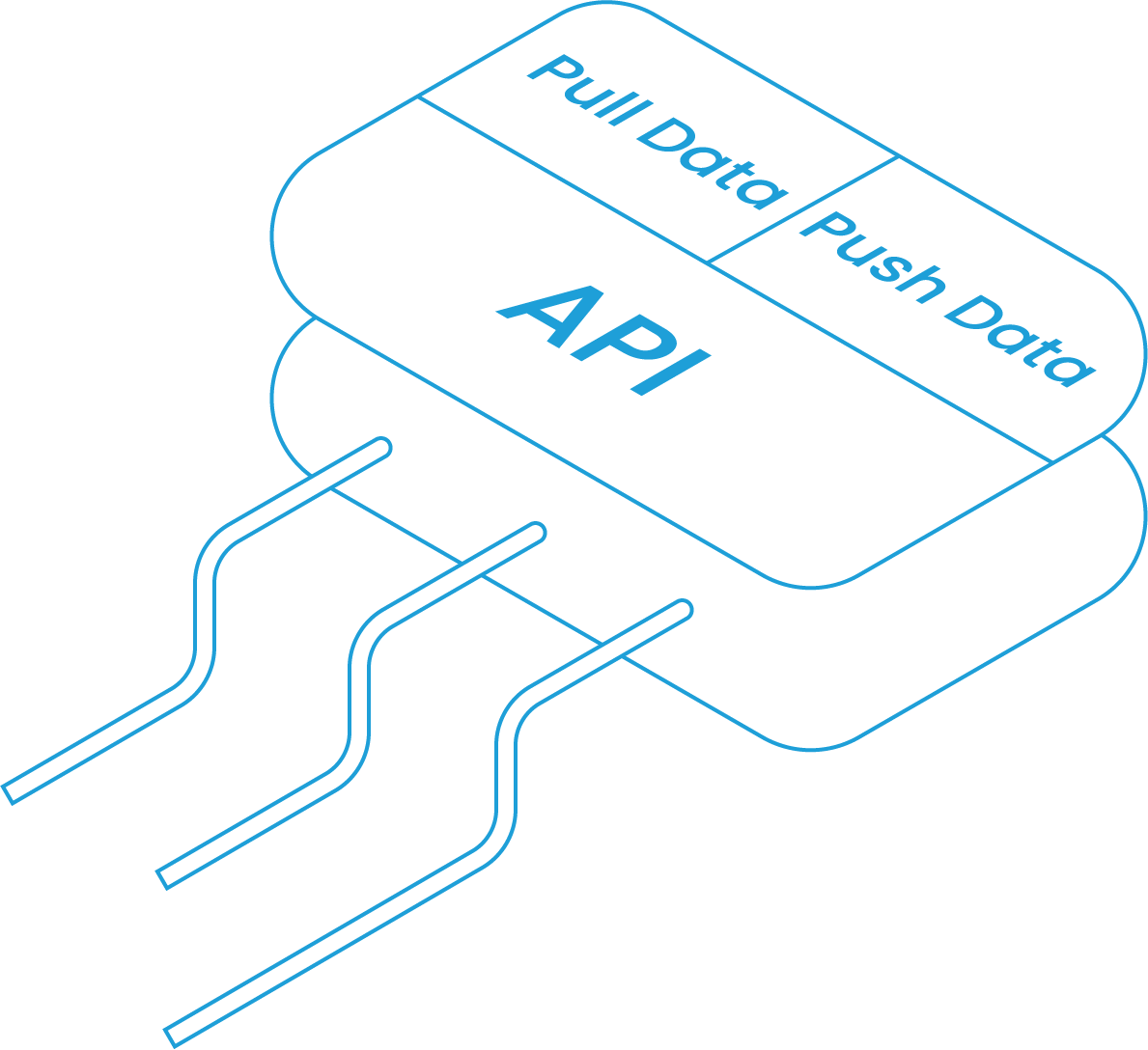 A drawing of stylized pipes flowing into a connector